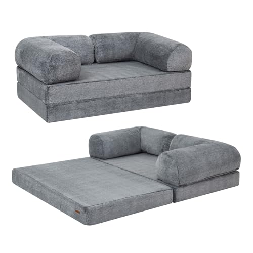 COMAX 4-in-1-Futon-Sofabett, Queen-Size faltbare Couch mit L-förmigen Armlehnen, wandelbarer Schlafsessel, bequeme Lounge-Matratze für Wohnzimmer und Schlafzimmer, Schneegrau von COMAX