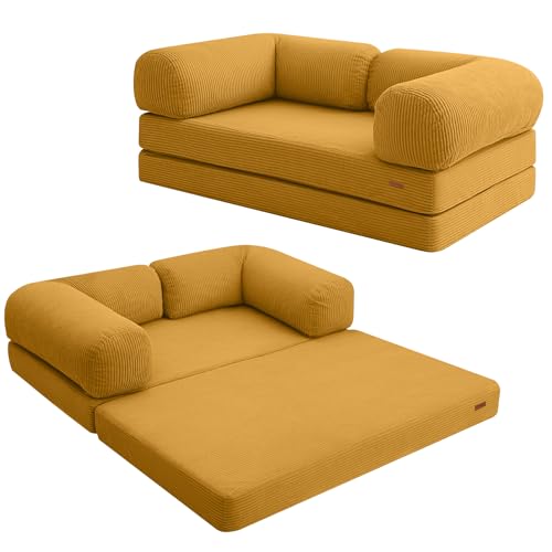 COMAX Futon Schlafsofa, 4 in 1 Boden Faltbares Sofa Couch Bett Queen mit L-förmigen Armlehnen, umwandelbarer Klappstuhl Bett Cordschläfermatratze ausklappbar bequeme Lounge für Wohnzimmer, Gelb COMAX Futon Schlafsofa, 4 in 1 Boden Faltbares Sofa Couch Bett Queen mit L-förmigen Armlehnen, umwandelbarer Klappstuhl Bett Cordschläfermatratze ausklappbar bequeme Lounge für Wohnzimmer, Gelb von COMAX