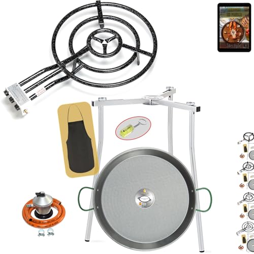 COMBOI Paella-Pfanne, Butangas, 60 cm, Paella-Pfanne, 70 cm, Brenner-Set, Gasregler, Schlauch, Stativbeine, Wasserwaage, Schürze, digitales Rezeptbuch (KIT 600 + Stativbeine) von COMBOI