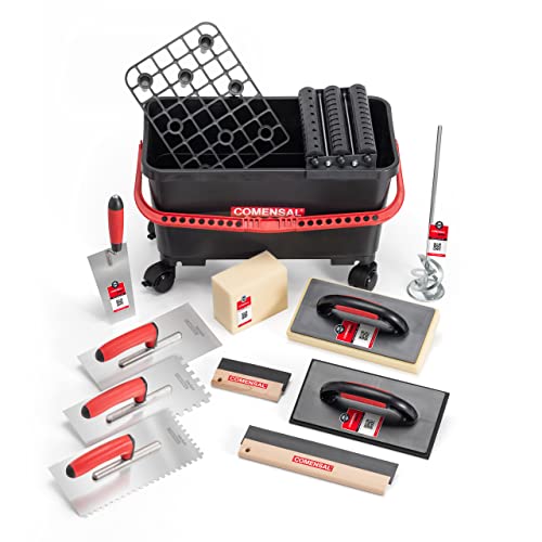 COMENSAL Fliesenwaschset - 15-teiliges Fliesenleger Waschset XL - 24L - Profi Fliesen Waschset - mit Räder - Rollenaufsatz - Gitter - Glättekelle - Hydroschwamm - Reibebrett - Made in EU von COMENSAL