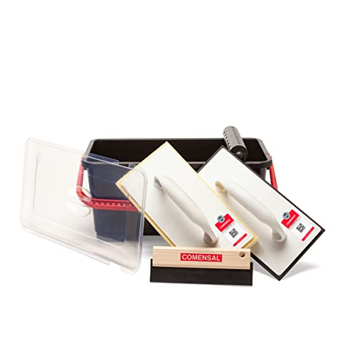 COMENSAL Fliesenwaschset - 7-teiliges Fliesenleger Waschset M - 12L - Profi Fliesen Waschset zum Verputzen - mit Rollenaufsatz - Fugengummi - Hydroschwamm - Reibebrett mit Zellkautschuk - Made in EU von COMENSAL