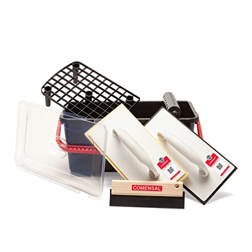 COMENSAL® Fliesenwaschset - 8-teiliges Fliesenleger Waschset M - 12L - Profi Fliesen Waschset zum Verputzen - mit Rollenaufsatz - Fugengummi - Hydroschwamm - Reibebrett mit Zellkautschuk - Made in EU von COMENSAL