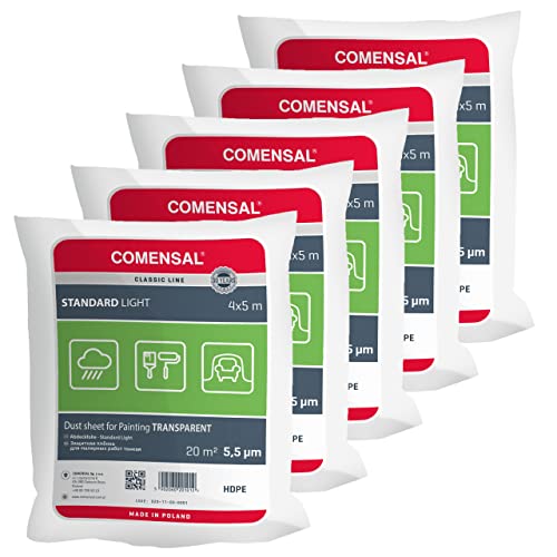 COMENSAL® Set 5 teilig Malerabdeckfolie 5,5 µm - Staubschutzfolie - Abdeckplane für Malerarbeiten - Lackierfolie - Made in EU - 4x5m von COMENSAL