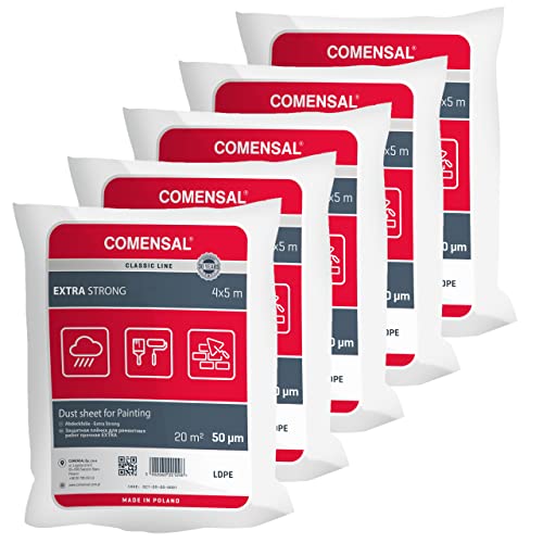 COMENSAL® Set 5 teilig Malerabdeckfolie Extra Strong 50 µm - Staubschutzfolie - Abdeckplane für Malerarbeiten - Extra Stark - Extrem Reißfest - Made in EU - 4x5m von COMENSAL