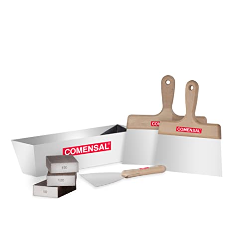 COMENSAL® - Spachtelkasten aus Rostfreiem Stahl 7-teiliges set - Breitspachtel 200/240 - Spachtel 150 - Schleifschwamm 3er - Ergonomischem Griff - Made in EU von COMENSAL