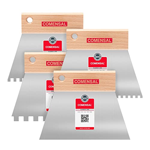 COMENSAL® Zahnspachtel - Kleberspachtel - 4er set 4x4 mm, 6x6 mm, 8x8 mm,150 mm - Trapezspachtel - Holzgriff - zum Auftragen von Kleber - Made in EU von COMENSAL