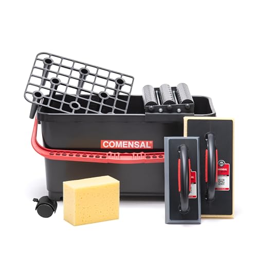 COMENSAL Fliesenwaschset - 9-teiliges Fliesenleger Waschset XL - 24L - Profi Fliesen Waschset - mit Räder - Rollenaufsatz - Gitter - Epoxi Fugenbrett - Hydroschwamm - Schwamm - Made in EU von COMENSAL