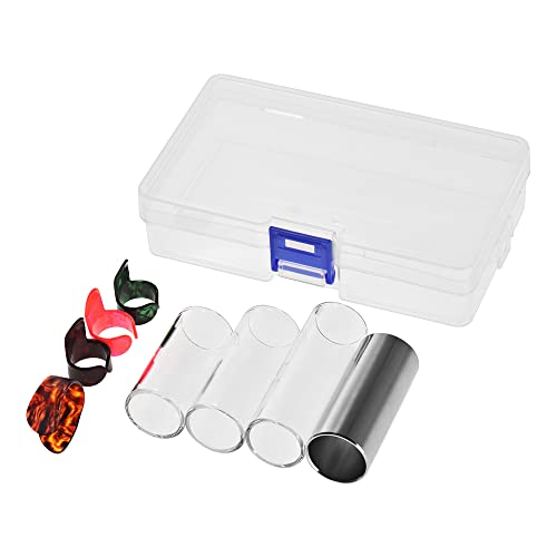 COMETX Guitar slides Guitar Slides Set 3 Glasslides (5.1cm/6cm/7cm) + 1 Stainless Steel Slide (6cm) + 4pcs Celluloid Daumen and Fingers with Plastic Storage Box (Random Color Delivery) von COMETX