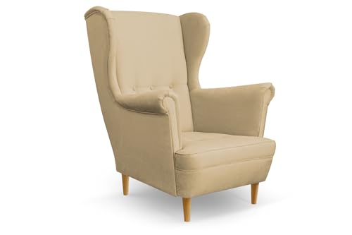 COMFORTINO INDUSTRIAL FURNITURE Ohrensessel Sessel Miko - Sessel mit Armlehnen - Retro Stuhl aus Stoff mit Holz Füßen - Polsterstuhl für Wohnzimmer Armlehnensessel Relaxsessel Loungesessel (Beige) von COMFORTINO FURNITURE