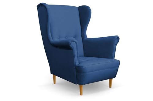 COMFORTINO INDUSTRIAL FURNITURE Ohrensessel Sessel Miko - Sessel mit Armlehnen - Retro Stuhl aus Stoff mit Holz Füßen - Polsterstuhl für Wohnzimmer Armlehnensessel Relaxsessel Loungesessel (Blau) von COMFORTINO FURNITURE