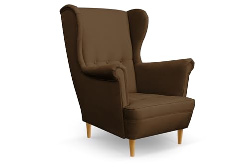 COMFORTINO INDUSTRIAL FURNITURE Ohrensessel Sessel Miko - Sessel mit Armlehnen - Retro Stuhl aus Stoff mit Holz Füßen - Polsterstuhl für Wohnzimmer Armlehnensessel Relaxsessel Loungesessel (Braun) von COMFORTINO FURNITURE