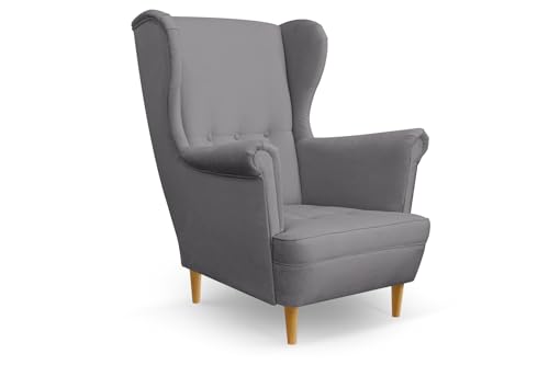 COMFORTINO INDUSTRIAL FURNITURE Ohrensessel Sessel Miko - Sessel mit Armlehnen - Retro Stuhl aus Stoff mit Holz Füßen - Polsterstuhl für Wohnzimmer Armlehnensessel Relaxsessel Loungesessel (Grau) von COMFORTINO FURNITURE