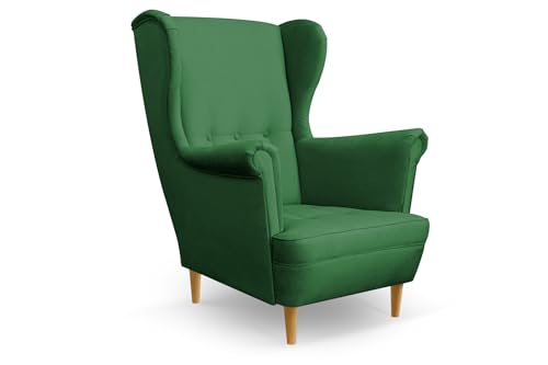 COMFORTINO INDUSTRIAL FURNITURE Ohrensessel Sessel Miko - Sessel mit Armlehnen - Retro Stuhl aus Stoff mit Holz Füßen - Polsterstuhl für Wohnzimmer Armlehnensessel Relaxsessel Loungesessel (Grün) von COMFORTINO FURNITURE