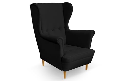 COMFORTINO INDUSTRIAL FURNITURE Ohrensessel Sessel Miko - Sessel mit Armlehnen - Retro Stuhl aus Stoff mit Holz Füßen - Polsterstuhl für Wohnzimmer Armlehnensessel Relaxsessel Loungesessel (Schwarz) von COMFORTINO FURNITURE