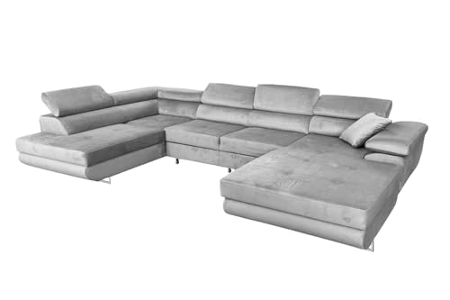 Ecksofa mit Schlaffunktion Rodrigo U-Form, Sofa Couch mit Bettkasten, 3-Sitzer Eckcouch, Schlafsofa für Wohnzimmer, Big Sofa Couch mit Schlaffunktion (Hellgrau, Links) von COMFORTINO FURNITURE