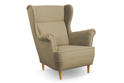 COMFORTINO INDUSTRIAL FURNITURE Ohrensessel Sessel LUSSO - Sessel mit Armlehnen - Retro Stuhl aus Stoff mit Holz Füßen - Polsterstuhl für Wohnzimmer BONELL-FEDERKERN (Beige) von COMFORTINO INDUSTRIAL FURNITURE