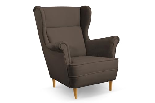 COMFORTINO INDUSTRIAL FURNITURE Ohrensessel Sessel LUSSO - Sessel mit Armlehnen - Retro Stuhl aus Stoff mit Holz Füßen - Polsterstuhl für Wohnzimmer BONELL-FEDERKERN (Braun) von COMFORTINO INDUSTRIAL FURNITURE