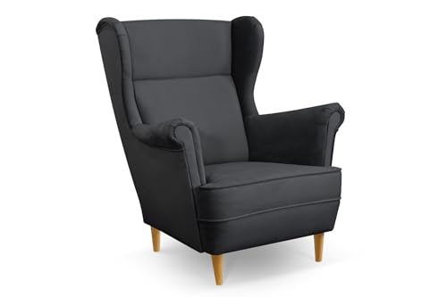 COMFORTINO INDUSTRIAL FURNITURE Ohrensessel Sessel LUSSO - Sessel mit Armlehnen - Retro Stuhl aus Stoff mit Holz Füßen - Polsterstuhl für Wohnzimmer BONELL-FEDERKERN (Graphit) von COMFORTINO INDUSTRIAL FURNITURE