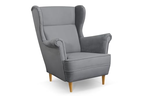 COMFORTINO INDUSTRIAL FURNITURE Ohrensessel Sessel LUSSO - Sessel mit Armlehnen - Retro Stuhl aus Stoff mit Holz Füßen - Polsterstuhl für Wohnzimmer BONELL-FEDERKERN (Grau) von COMFORTINO INDUSTRIAL FURNITURE