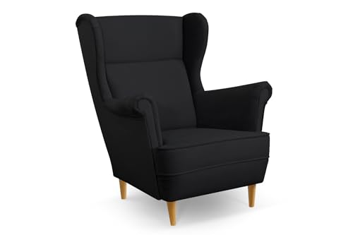 COMFORTINO INDUSTRIAL FURNITURE Ohrensessel Sessel LUSSO - Sessel mit Armlehnen - Retro Stuhl aus Stoff mit Holz Füßen - Polsterstuhl für Wohnzimmer BONELL-FEDERKERN (Schwarz) von COMFORTINO INDUSTRIAL FURNITURE