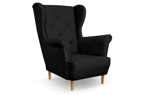 Ohrensessel Sessel BELLO - Sessel mit Armlehnen - Retro Stuhl aus Stoff mit Holz Füßen - Polsterstuhl für Wohnzimmer Armlehnensessel Relaxsessel Loungesessel (Dunkelgrau) von COMFORTINO FURNITURE