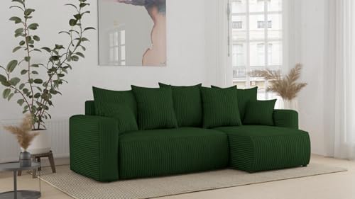 ecksofa mit schlaffunktion und bettkasten Denver l-Form Sofa Couch mit bettkasten, 3-Sitzer eckcouch, schlafsofa für Wohnzimmer, Sofa Couch mit schlaffunktion (Grün, Ottomane Rechts) von COMFORTINO FURNITURE