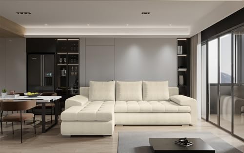 ecksofa mit schlaffunktion und bettkasten TOMI l-form sofa couch mit bettkasten, 3-Sitzer eckcouch, schlafsofa für wohnzimmer, sofa couch mit schlaffunktion (Beige, Ottomane Links) von COMFORTINO FURNITURE