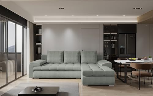 ecksofa mit schlaffunktion und bettkasten TOMI l-form sofa couch mit bettkasten, 3-Sitzer eckcouch, schlafsofa für wohnzimmer, sofa couch mit schlaffunktion (Grau, Ottomane Rechts) von COMFORTINO FURNITURE