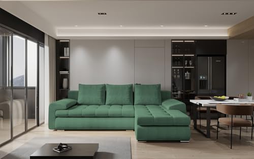ecksofa mit schlaffunktion und bettkasten TOMI l-form sofa couch mit bettkasten, 3-Sitzer eckcouch, schlafsofa für wohnzimmer, sofa couch mit schlaffunktion (Grün, Ottomane Rechts) von COMFORTINO FURNITURE