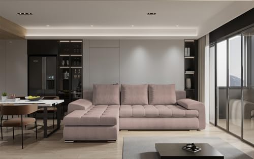 ecksofa mit schlaffunktion und bettkasten TOMI l-form sofa couch mit bettkasten, 3-Sitzer eckcouch, schlafsofa für wohnzimmer, sofa couch mit schlaffunktion (Rosa, Ottomane Links) von COMFORTINO FURNITURE