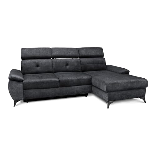 COMFTY-CO. Ecksofa Young – Schlafsofa mit Stauraum & 3 verstellbaren Kopfstützen – L-Form Couch 250x105x47 cm mit Komfortsitz - Rechts - Samt Dunkelgrau von COMFTY-CO.