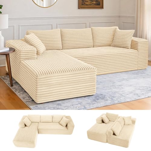 COMHOMA 105 ” modulares Sofa mit tiefer Sitzfläche, L-förmige Couch mit Breiten Armlehnen, Cordstoff, hochdichter Schaumstoff, Chaiselongue für das Wohnzimmer, kein Zusammenbau erforderlich, beige von COMHOMA