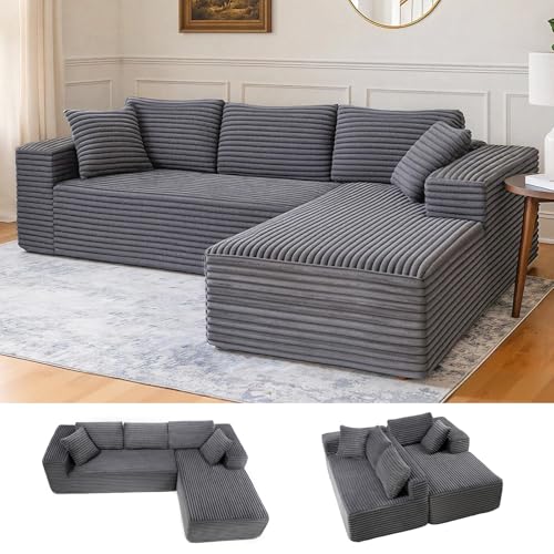 COMHOMA 105 ” modulares Sofa mit tiefer Sitzfläche, L-förmige Couch mit breiten Armlehnen, Cordstoff, hochdichter Schaumstoff, Chaiselongue für das Wohnzimmer,kein Zusammenbau erforderlich, dunkelgrau von COMHOMA