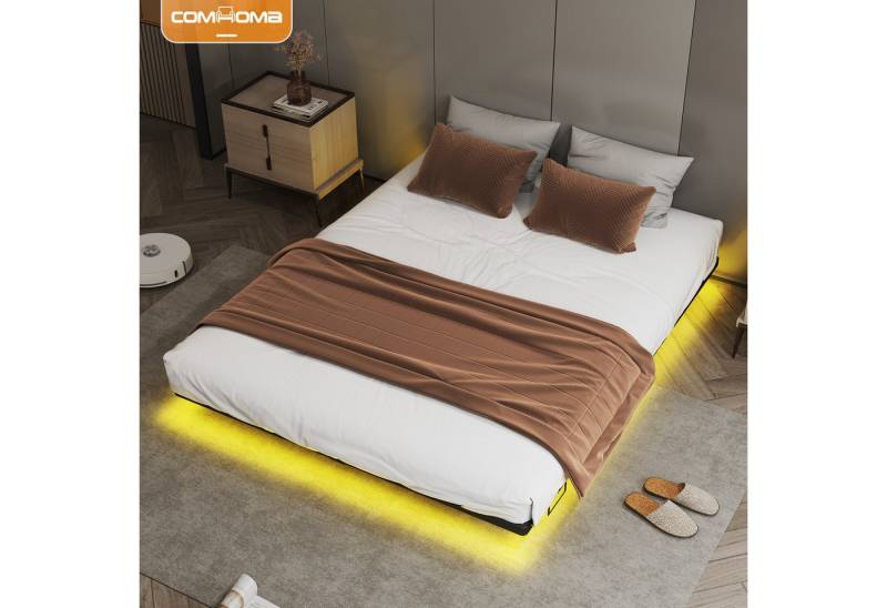 COMHOMA Bettgestell Bettrahmen Metallbett Gästebett aus Metall mit LED & Steckdosen, 90/140/160/180x200, App & Fernbedienung, stabile Konstruktion von COMHOMA