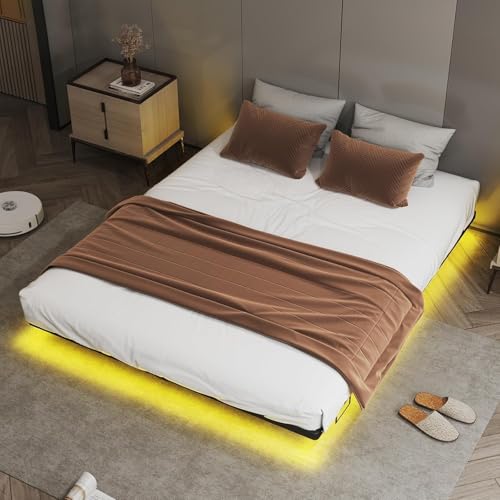COMHOMA Bettrahmen 140x200 Metallbett Gästebett Bettgestell aus Metall, mit LED & Steckdosen, Jugendbett, App & Fernbedienung, stabile Konstruktion mit Lattenrost von COMHOMA