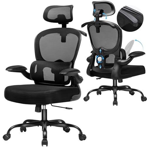 COMHOMA Bürostuhl Ergonomisch, Schreibtischstuhl mit 3D Kopfstütze und Lendenwirbelstütze, Integriertes Kleiderhaken-Design, Abklappbare Armlehne, Gepolstertem Sitzkissen, Belastung bis 150KG (Black) von COMHOMA