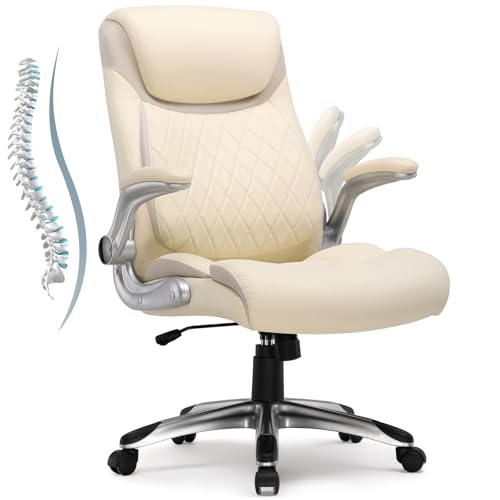 COMHOMA Bürostuhl Ergonomisch, Schreibtischstuhl mit klappbaren Armlehnenmit und Hoher Rückenlehne, Wippfunktion, Chefsessel Höhenverstellbarer，Kratzfeste Leder，weiß von COMHOMA