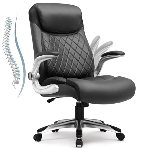 COMHOMA Bürostuhl Ergonomisch, Schreibtischstuhl mit klappbaren Armlehnenmit und Hoher Rückenlehne, Wippfunktion, Chefsessel Höhenverstellbarer，Kratzfeste Leder (Schwarz) von COMHOMA