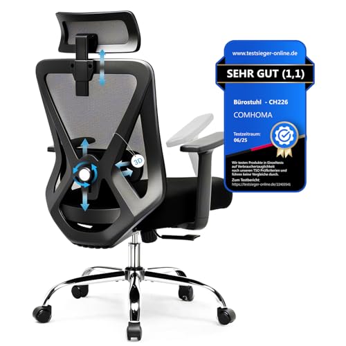 COMHOMA Bürostuhl Ergonomisch [TESTSIEGER], Schreibtischstuhl mit 3D-Kopfstütze & 3D-Lendenwirbelstütze, verstellbare Armlehnen, Office Chair mit Wipp- und Kippfunktion von COMHOMA