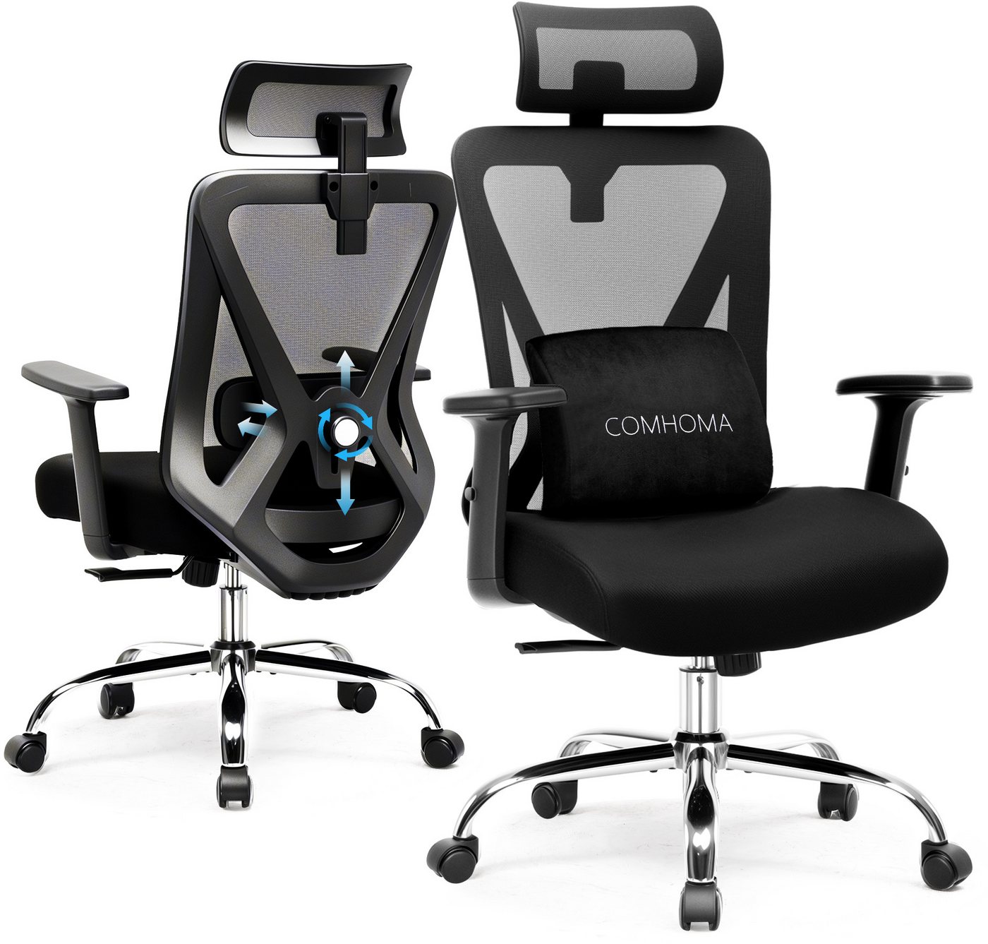 COMHOMA Bürostuhl Ergonomischer Schreibtischstuhl mit 3D Lendenwirbelstütze & Kopfstütze (Packung), verstellbare Armlehnen, Office Chair mit Wippfunktion von COMHOMA
