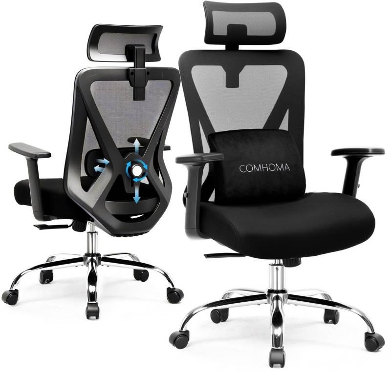 COMHOMA Bürostuhl Ergonomischer Schreibtischstuhl mit 3D Lendenwirbelstütze & Kopfstütze (Packung), verstellbare Armlehnen, Office Chair mit Wippfunktion von COMHOMA