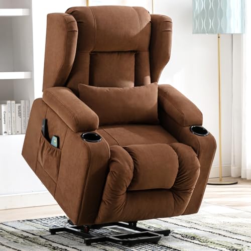 COMHOMA Elektrischer Relaxsessel, Wohnzimmer, Massage, TV, neigbar, Vibration, Stehfunktion, verstellbare Rückenlehne mit Fußstütze und Getränkehalter, brauner Stoff von COMHOMA