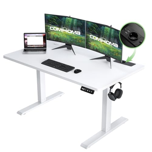 COMHOMA Höhenverstellbarer Schreibtisch 100x60 cm mit USB-Buchse und Haken, Elektrisch Verstellbarer Computertisch, Steh-Sitztisch Stehpult Stehschreibtisch Weiß von COMHOMA
