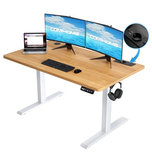 COMHOMA Höhenverstellbarer Schreibtisch 100x60 cm mit USB-Buchse und Haken, Elektrisch Verstellbarer Computertisch, Steh-Sitztisch Stehpult Stehschreibtisch braun von COMHOMA