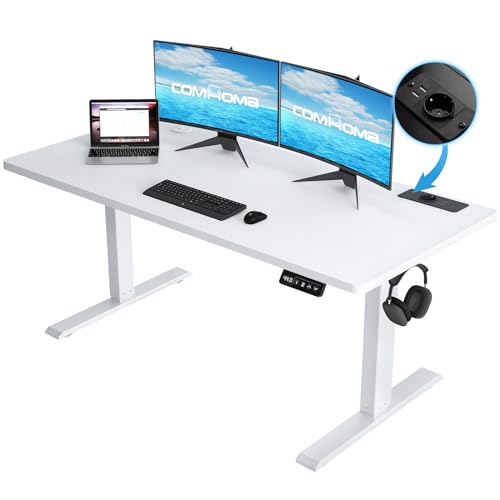 COMHOMA Höhenverstellbarer Schreibtisch 120x60 cm mit USB-Buchse und Haken, Elektrisch Verstellbarer Computertisch, Steh-Sitztisch Stehpult Stehschreibtisch von COMHOMA