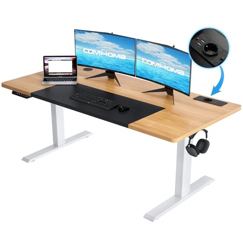 COMHOMA Höhenverstellbarer Schreibtisch 140x60 cm mit USB-Buchse und Haken, Elektrisch Verstellbarer Computertisch, Steh-Sitztisch Stehpult Stehschreibtisch braun von COMHOMA