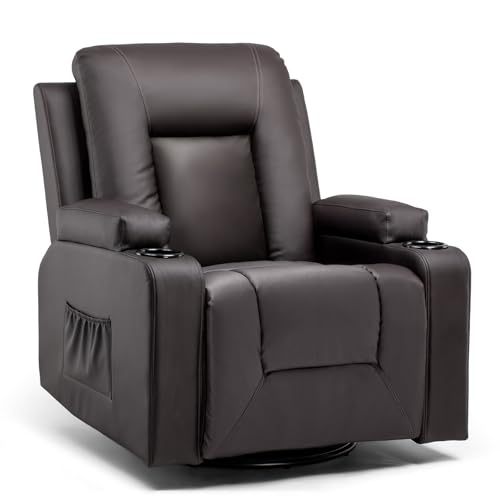 COMHOMA Relaxsessel mit Verstellbarer Rückenlehne und Fußstütze, 360° drehbarer Loungesessel aus PU-Leder mit Getränkehaltern und Seitentaschen, ergonomische Ganzkörperunterstützung, Braun von COMHOMA
