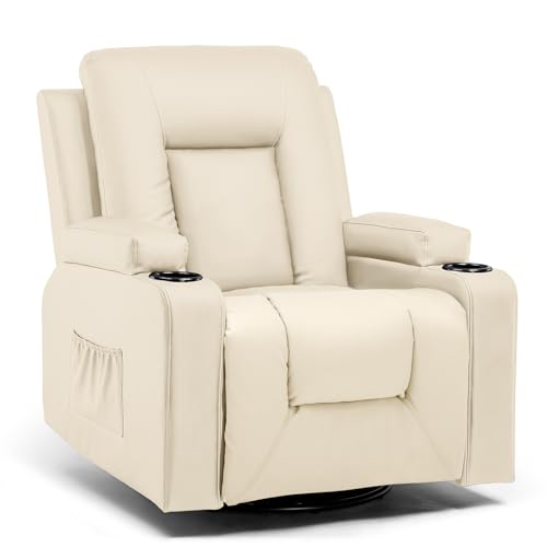COMHOMA Relaxsessel mit Verstellbarer Rückenlehne und Fußstütze, 360° drehbarer Loungesessel aus PU-Leder mit Getränkehaltern und Seitentaschen, ergonomische Ganzkörperunterstützung, Beige von COMHOMA