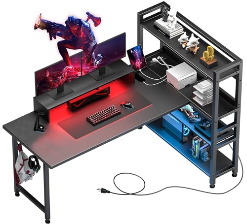 COMHOMA Schreibtisch, 140x100 Gaming Tisch mit led, Computertisch L Form mit 4 Ablagen, USB-Bürotisch, Monitorständer, Schwarze von COMHOMA