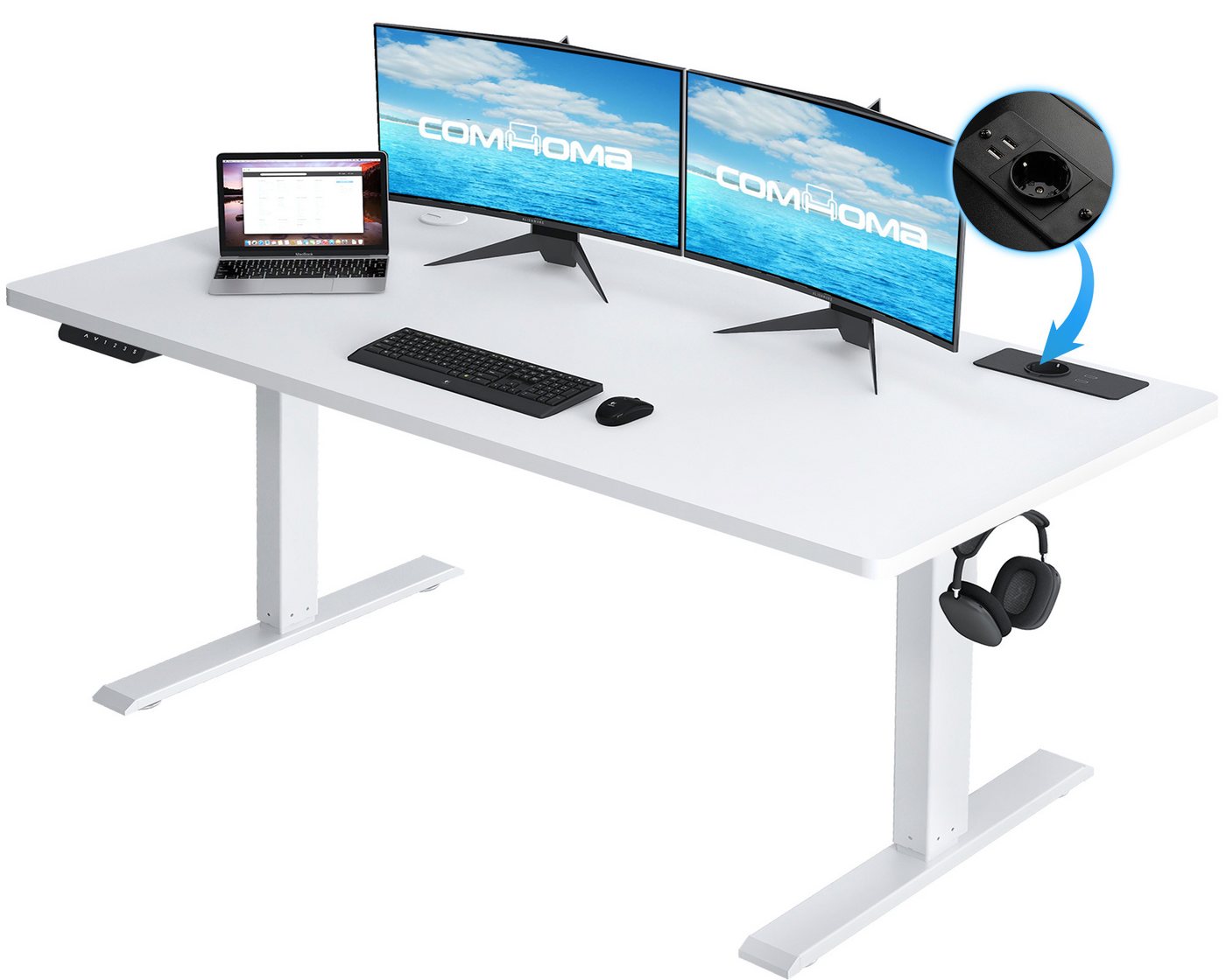 COMHOMA Schreibtisch Höhenverstellbarer Schreibtisch 140x60 cm mit USB-Buchse und Haken (1 Tisch), Verstellbarer Computertisch, Stehpult Stehschreibtisch von COMHOMA
